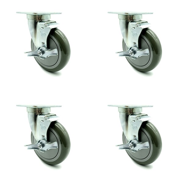 SCC - 5" x 1.25" Gray Polyurethane Wheel Swivel Casters w/Brake, 4PK